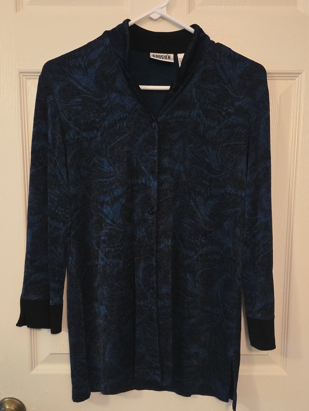 Chico's Blue and Black Patterned Long Sleeve Button Shirt Size 0